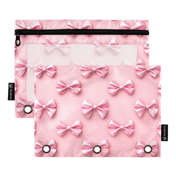 2 Pack 3 Ring Binder Pouch with Clear PVC Window Water Resistant Zipper Pencil Pouch Pink Simple Bows Binder Pocket for Classroom Office Home Stationery Organization