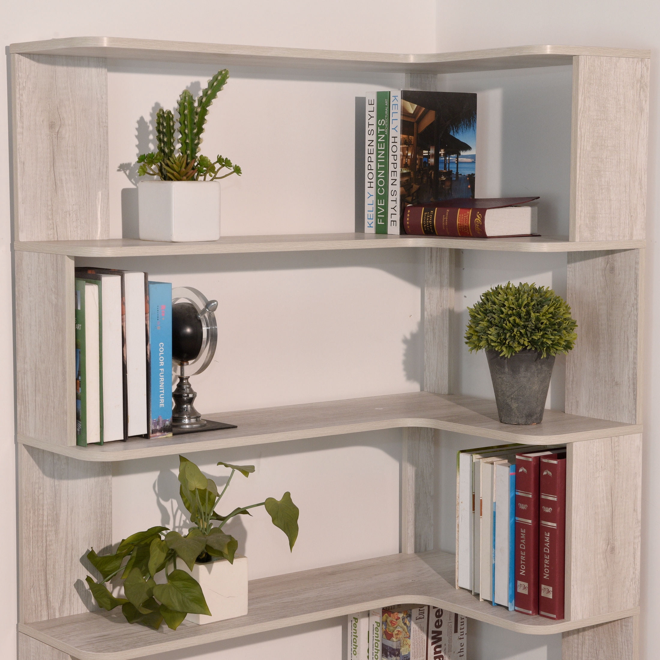 GDF Studio Derwin 5-Tier Corner Bookshelf, L-Shaped Wooden Bookcase for Living Room, Home Office, Light Gray