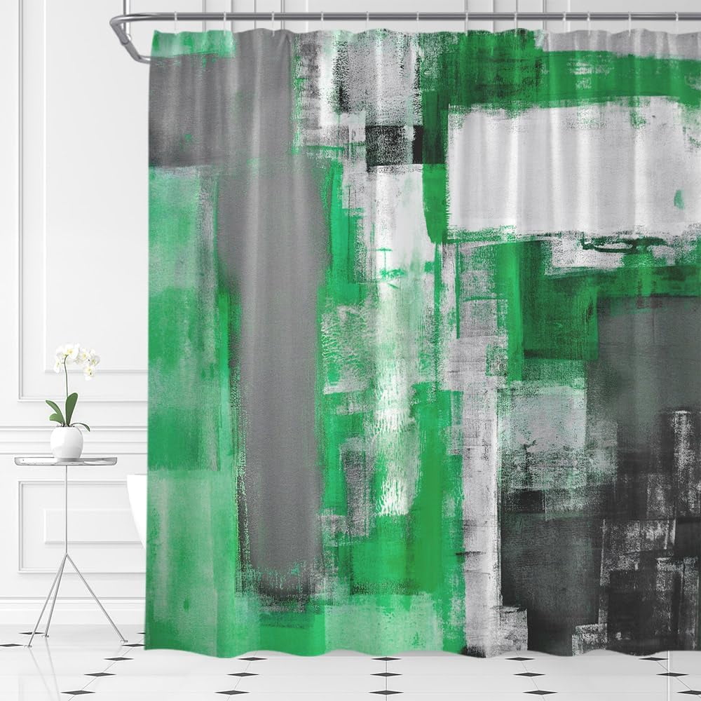 Abstract Green Shower Curtain Black Gray Brushstrokes Style Grunge Art Painting Modern Fabric Bathroom Curtains Decor Set,70" WX70 H