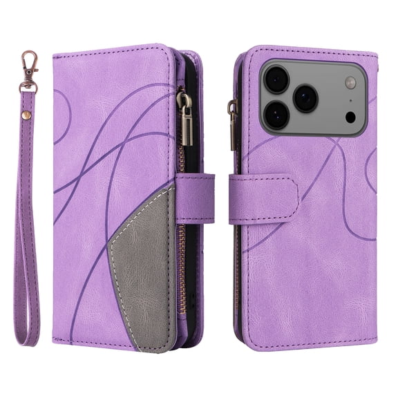 Zipper Wallet Case for iPhone 17 Pro Large Capacity Card Holder Magnetic Cover, Luxury PU Leather Anti-Shock Folio Case with Flip Kickstand Wrist Strap Case for iPhone 17 Pro, Purple