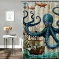 thumbnail image 2 of Fenyluxe  Nautical Octopus Shower Curtain Funny Ocean Sea Turtle Beach Coastal Blue Fish Seashell Jellyfish Theme White Boho Print Flower Bathroom Decor Polyester Curtains Set with Hook White, 2 of 7