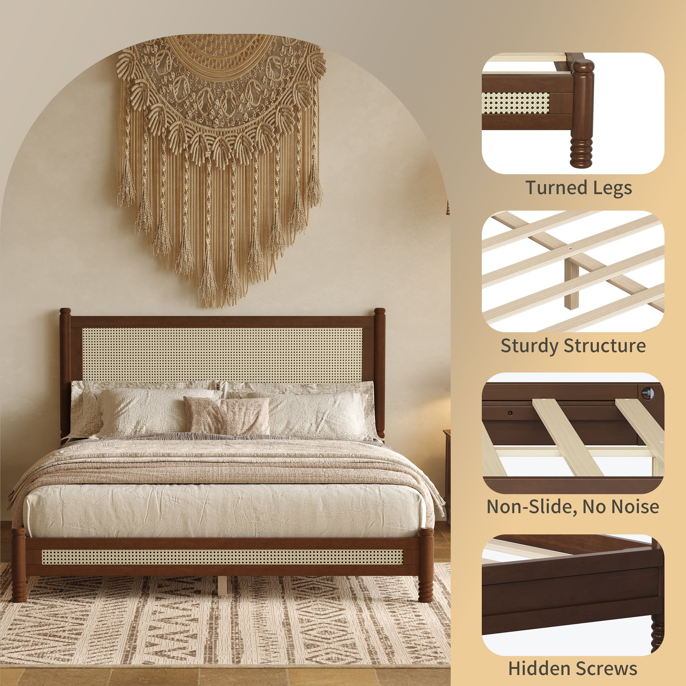 GDF Studio Annes Queen Size Boho Rattan Platform Bed Frame with Turned Legs, Woven Cane Pine Wood Bed Frame, Walnut