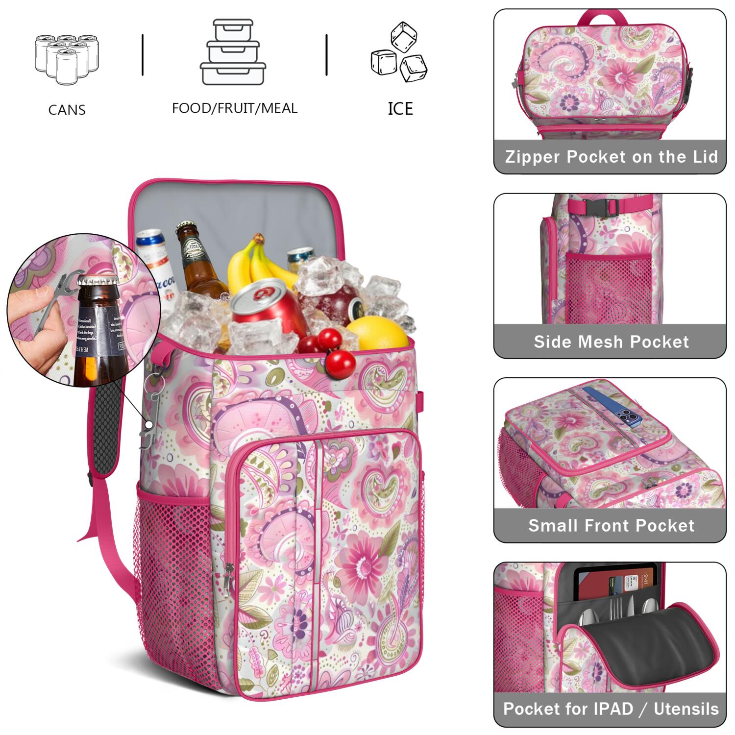 Travel Cooler Bag - Pioneer Flower Floral Print Pattern Camping Beer Cooler Backpack with Bottle Opener- Waterproof Insulated Picnic Backpacks - Cooler Bag for Beach