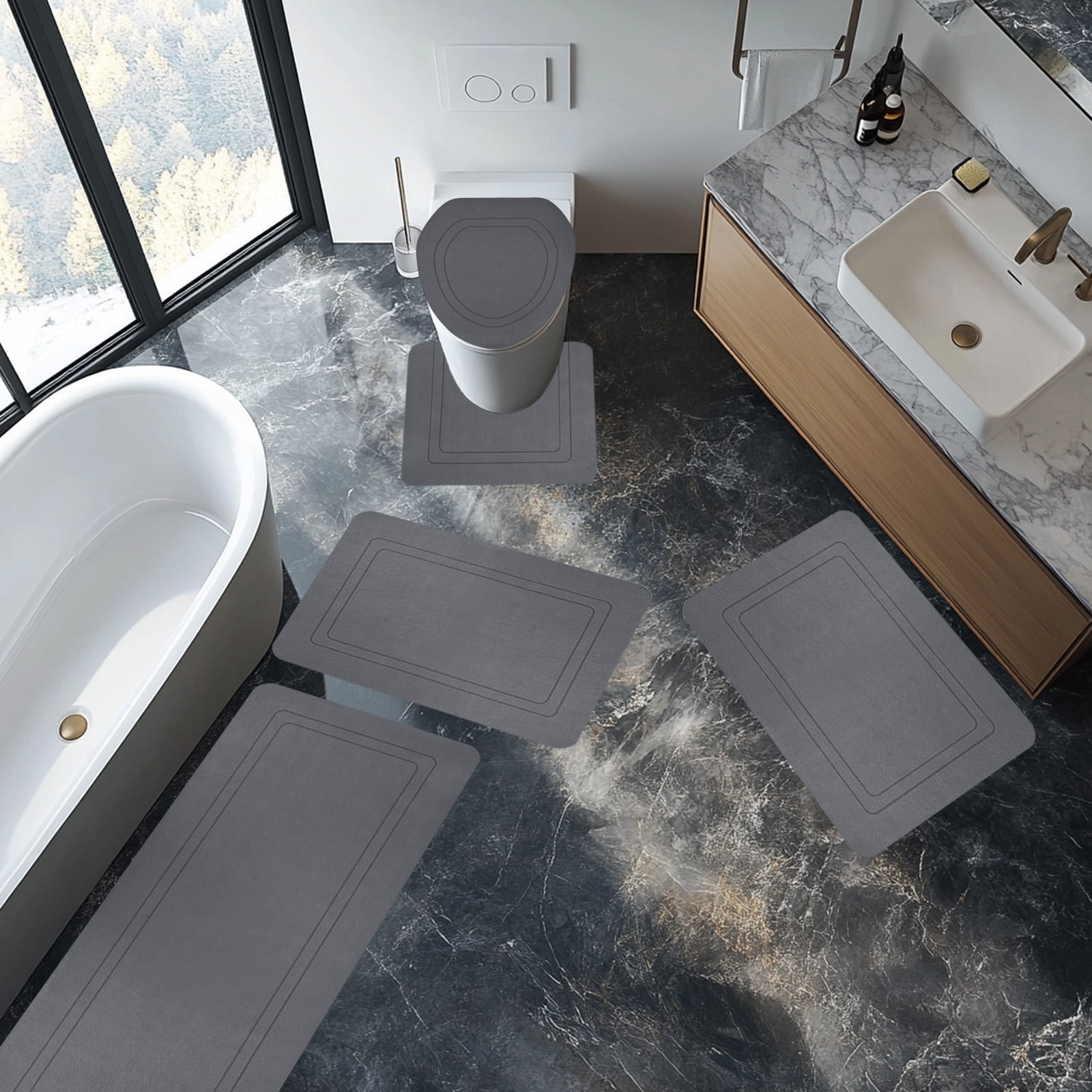 Twfbrm 5 Piece Bathroom Rugs Set, Modern Style Ultra Thin Bath Mat Fit Under Door, Non-Slip Rubber Backing Floor Mat, Super Absorbent Quick-Dry Washable Shower Mat for Toilet Bathtub and Kitchen