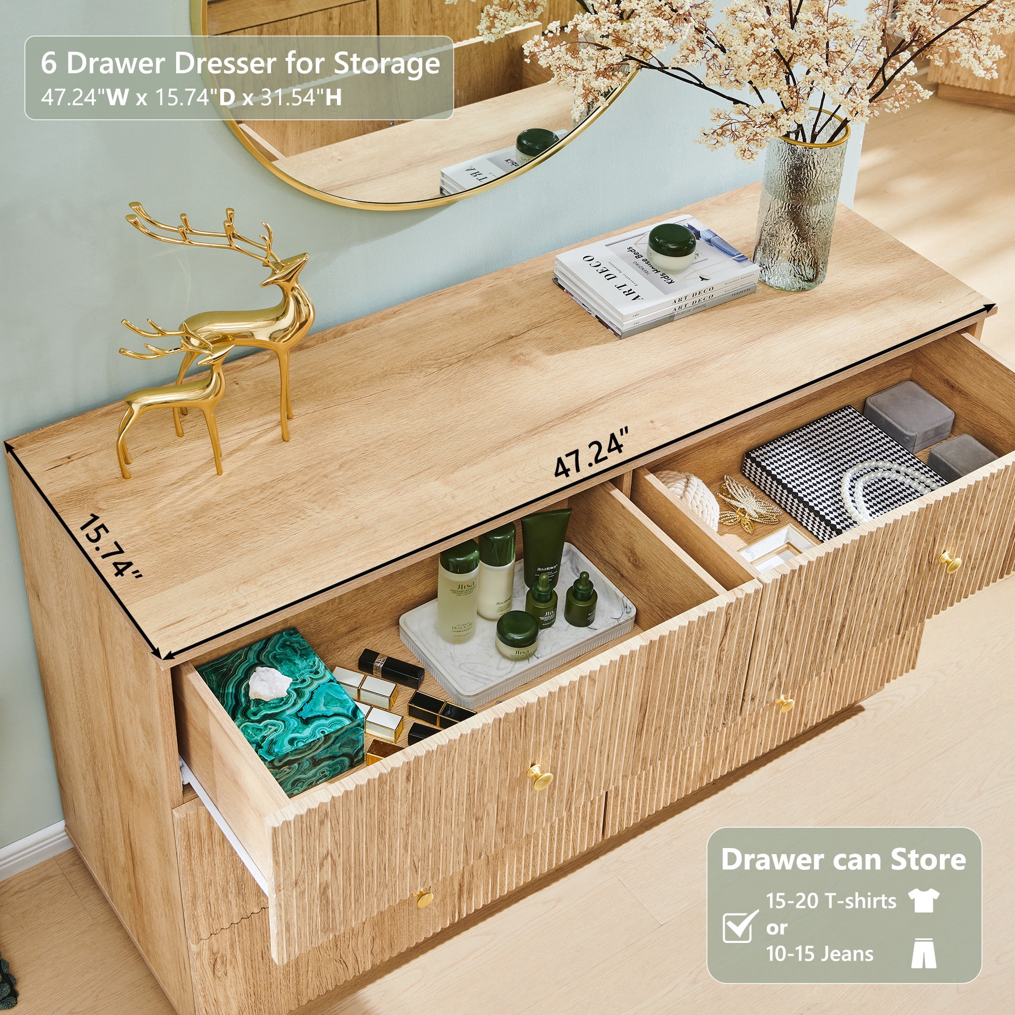 wow97e Fluted 6 Drawers Dresser for bedroom, Wood Chest of Drawers with Deep Storage, Tall Modern Bedroom Chest for Closet Hallway, Entryway, Living Room