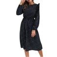 thumbnail image 1 of Robes Décontractées pour Femmes Col Rond Manches Longues Bouton Taille Nouée Imprimé à Pois Volant Longueur Genou Robe de Travail, 1 of 7