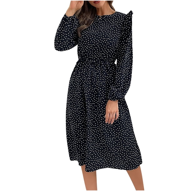Vestidos Para Mujer Vestidos de Otoño Moda Manga Larga Cuello Redondo Estampado de Lunares Volantes Vestido Informal Con Botones Odeerbi ODB133016