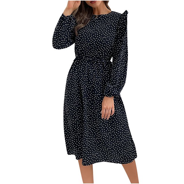 Robes Décontractées pour Femmes Col Rond Manches Longues Bouton Taille Nouée Imprimé à Pois Volant Longueur Genou Robe de Travail