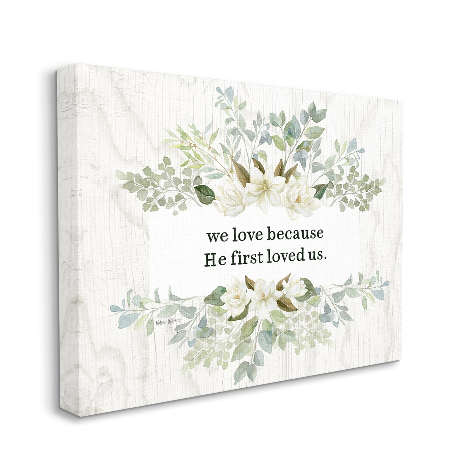 Stupell Industries He First Loved Us Sentiment Charming White Florals, 40 x 30,Design by Valerie Wieners