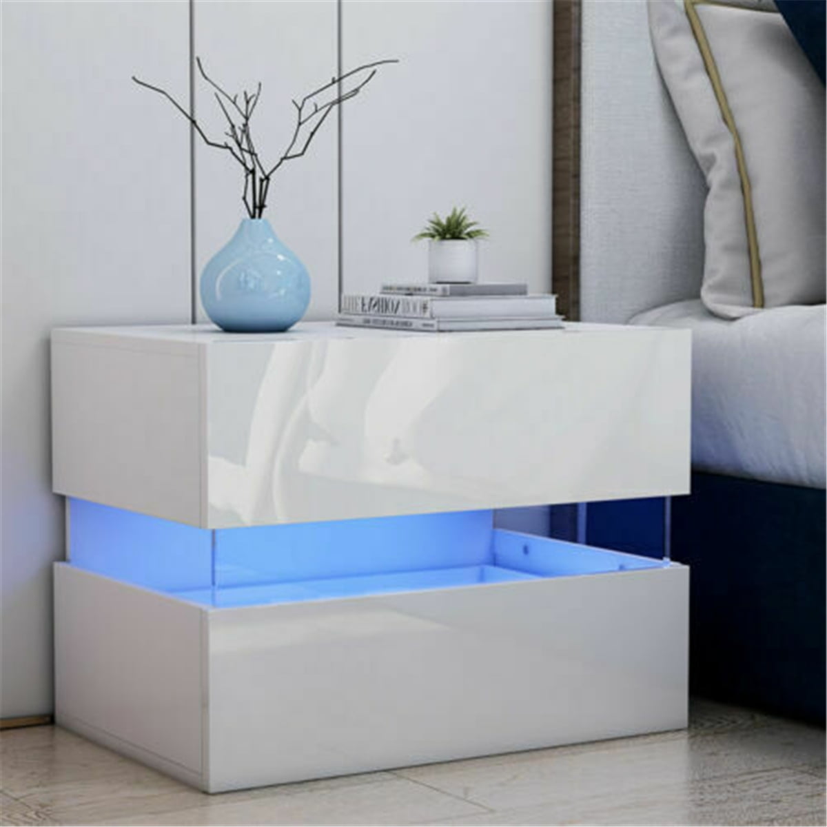 Hommpa RGB LED Nightstand 2 Drawers High Gloss Bedside Table for