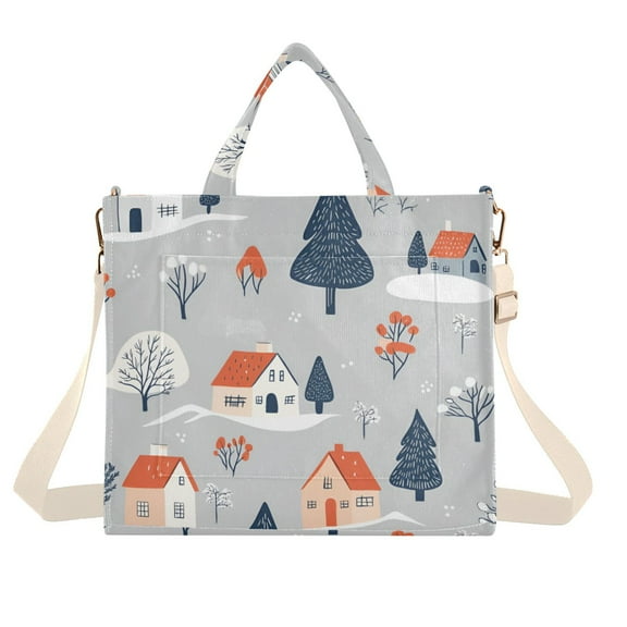 FORMRS Womens Corduroy Tote Bag Crossbody Shoulder Handbag with Pocket, Gray Cartoon Houses