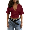 thumbnail image 6 of ZZkhGO Women's Crop Tops Ruched V Neck Short Sleeve Solid Casual Fashion Summer Slim Tops, Wine L, 6 of 7