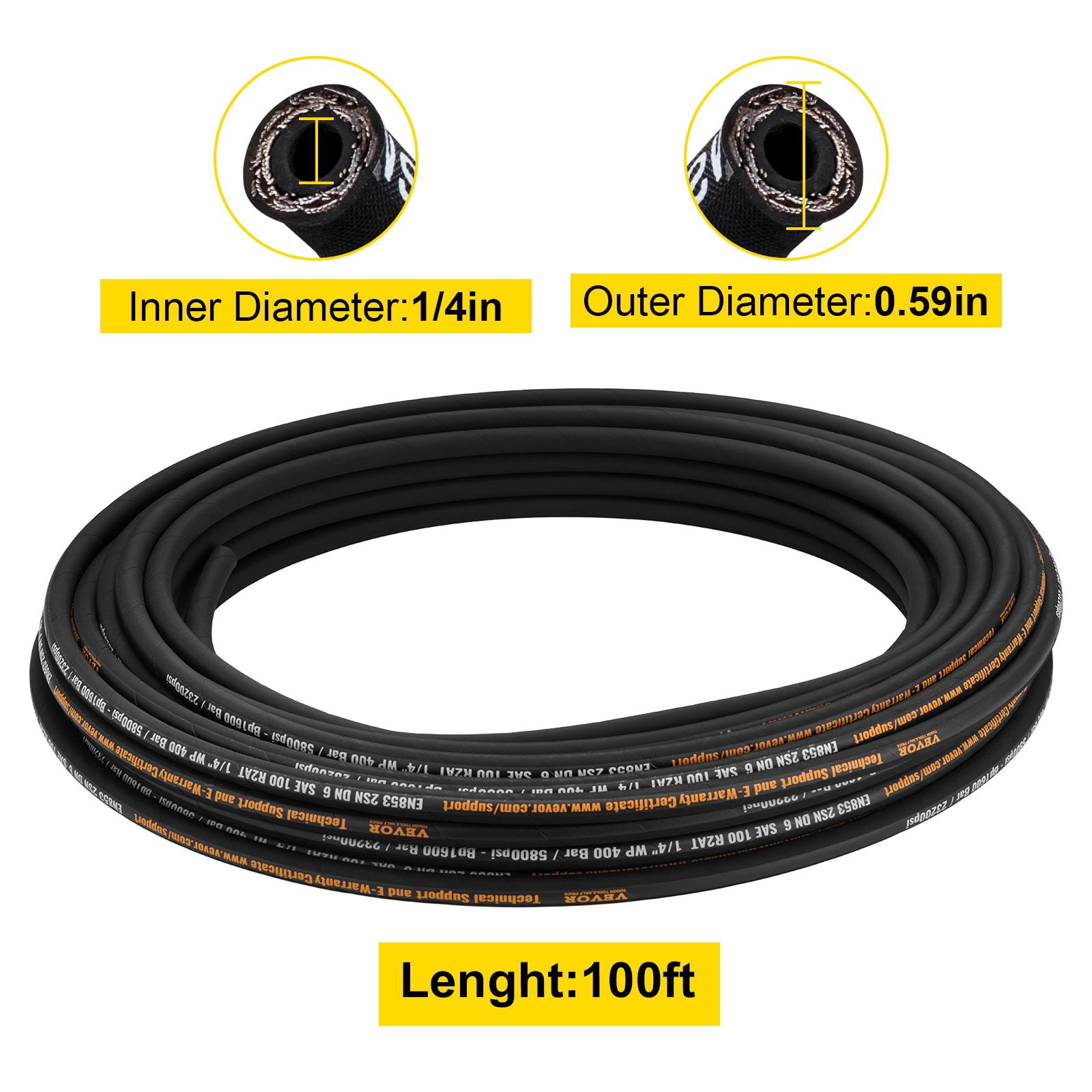 Hydraulic Hose 1/4" x 100 ft, 5800 PSI SAE 100R2 Rubber Hose, 2-Wire Braided High Pressure Hydraulic Oil Hose, -4°F to 284°F Temperature Range, Bulk Reel