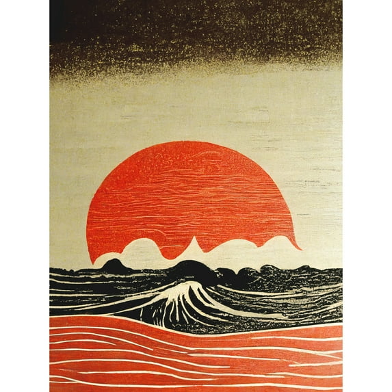 Kanagawa Waves At Sunset Linocut Modern Unframed Wall Art Print Poster Home Decor