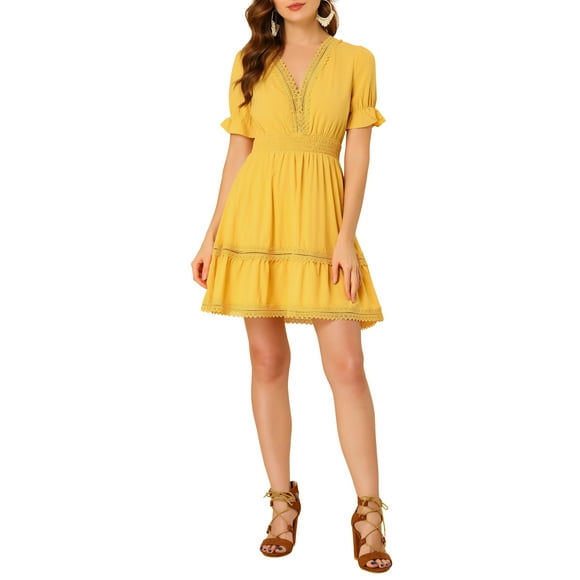 INSPIRE CHIC Women's Sundress V Neck Puff Sleeve Smocked Waist Casual Mini Dress Yellow L