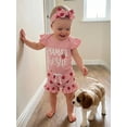 thumbnail image 6 of BemeyourBBs Mama's Bestie Baby Girls Summer Clothes Newborn Baby Girls Strawberry Outfits Letter Strawberry Print Flying Sleeve Ribbed Romper and Elastic Waist Shorts Headband Set, 6 of 9