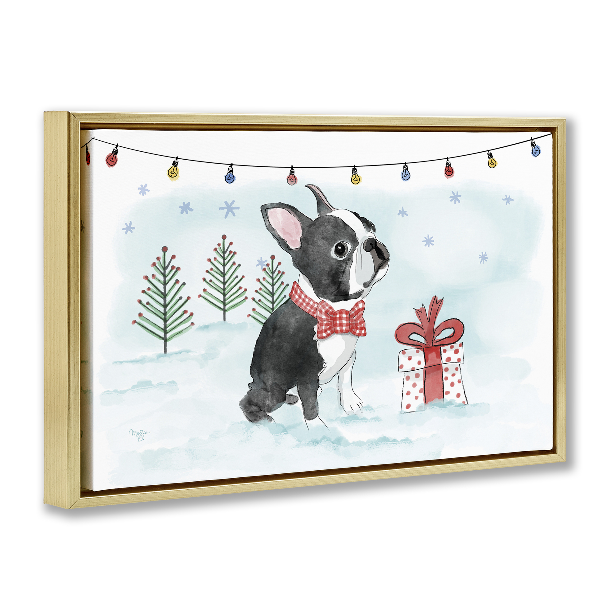 Stupell Industries Snowy Boston Terrier Holiday Painting Gold Floater Framed Canvas Art Prints Wall Art, 31 x 21