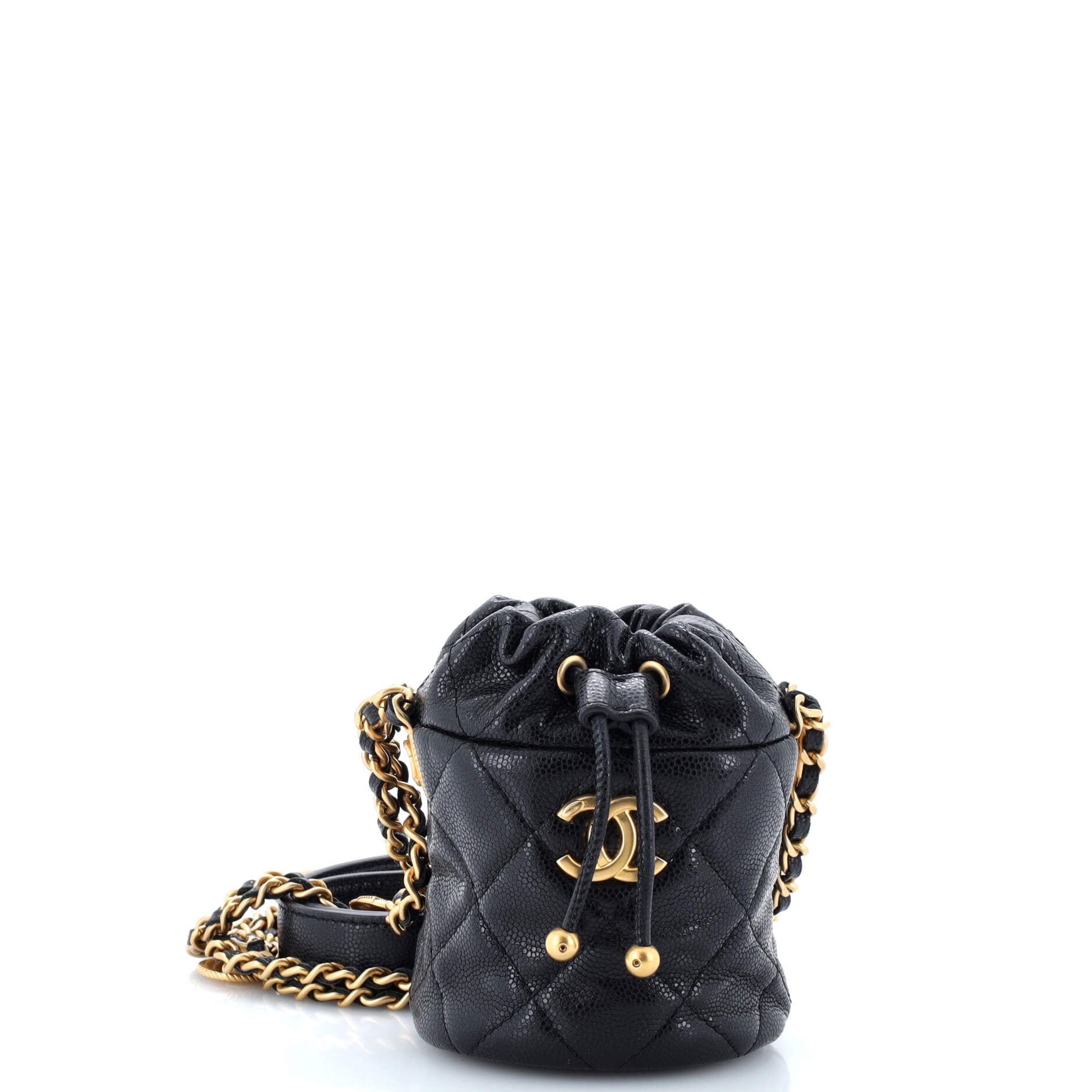 Pre-Owned CHANEL Twist Your Buttons Drawstring Bucket Bag Quilted Caviar Mini By Rebag