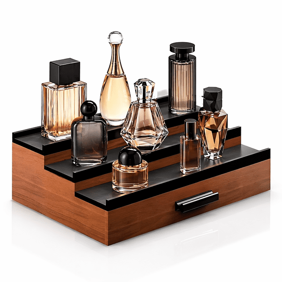 Wooden Cologne Organizer for Men 3 Tier Perfume Organizer Shelf with Drawer Cologne Display and Storage Risers Great Gift for Man Walnut Black
