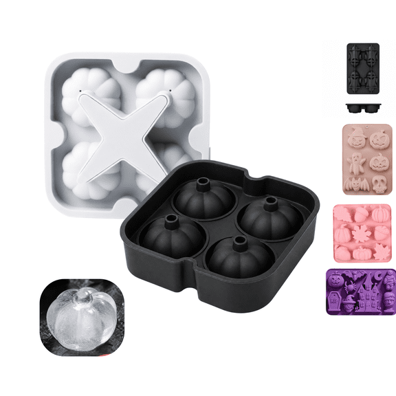 Halloween Ice Cube Tray 4-Cavity Pumpkin Shaped Ice Ball Mold for Drinks,Party Novelty Pumpkin Molds for Spooky Beverages