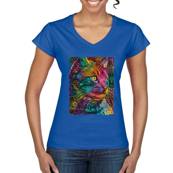 Colorful Cat Portrait | Cat Lover Owner | Dean Russo Art Animal Lover Women's Standard V-Neck Tee, Royal, XL