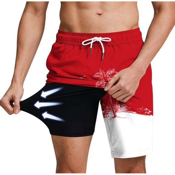TKKCS Mens Graphic Swim Trunks With Compression Liner- Summer Casual Quick Dry Elastic Drawstring Waist Vacation Lightweight Beach Board Shorts With Pockets Red Size M