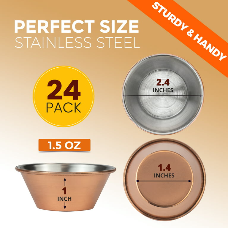[24 Pack] 1.5 oz Stainless Steel Sauce Cups - Round Condiment Containers, Food Safe/Commercial Grade Safe/Portion Dipping Cups, Sauce Cups, Ramekins