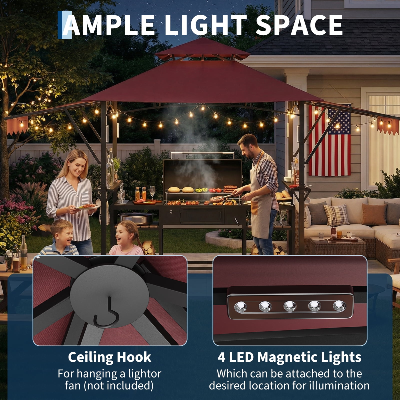 Kicctian 8x5 ft Heavy Duty Grill Gazebo for Outdoor BBQ, Double-Tier Steel Patio Shelter with Adjustable Dual Side Awnings, 2 Utility Shelves, Hooks and 4 LED Lights, for Backyard, Camping, Wine Red