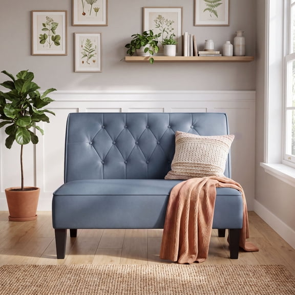 Andeworld Upholstered Loveseat Sofa, Faux Leather Modern 2-Seater Couch, Button-Tufted Back Bench for Living Room, Bedroom, Blue