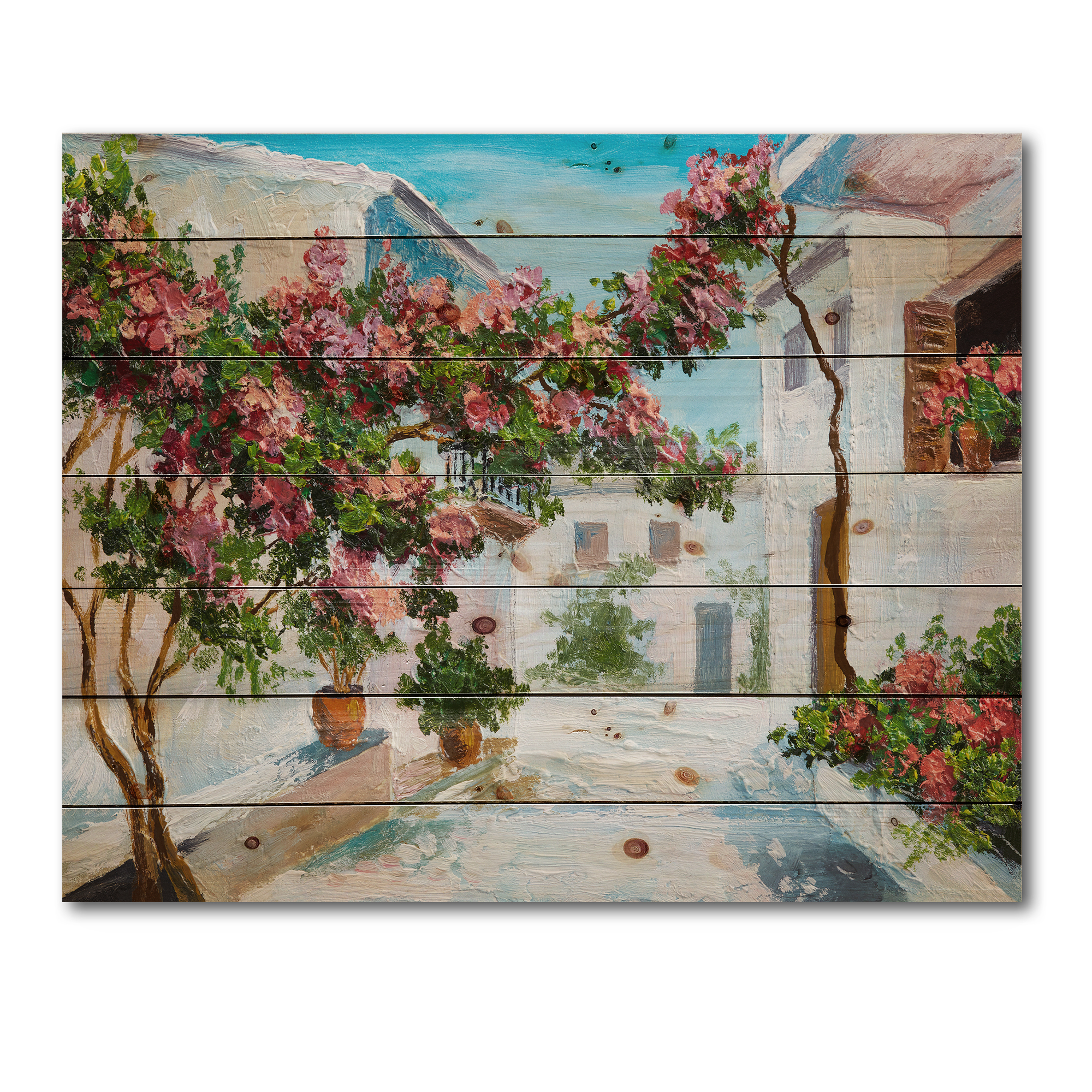 Designart 'Blossoming Flowers With White House Near The Sea' Nautical & Coastal Print on Natural Pine Wood