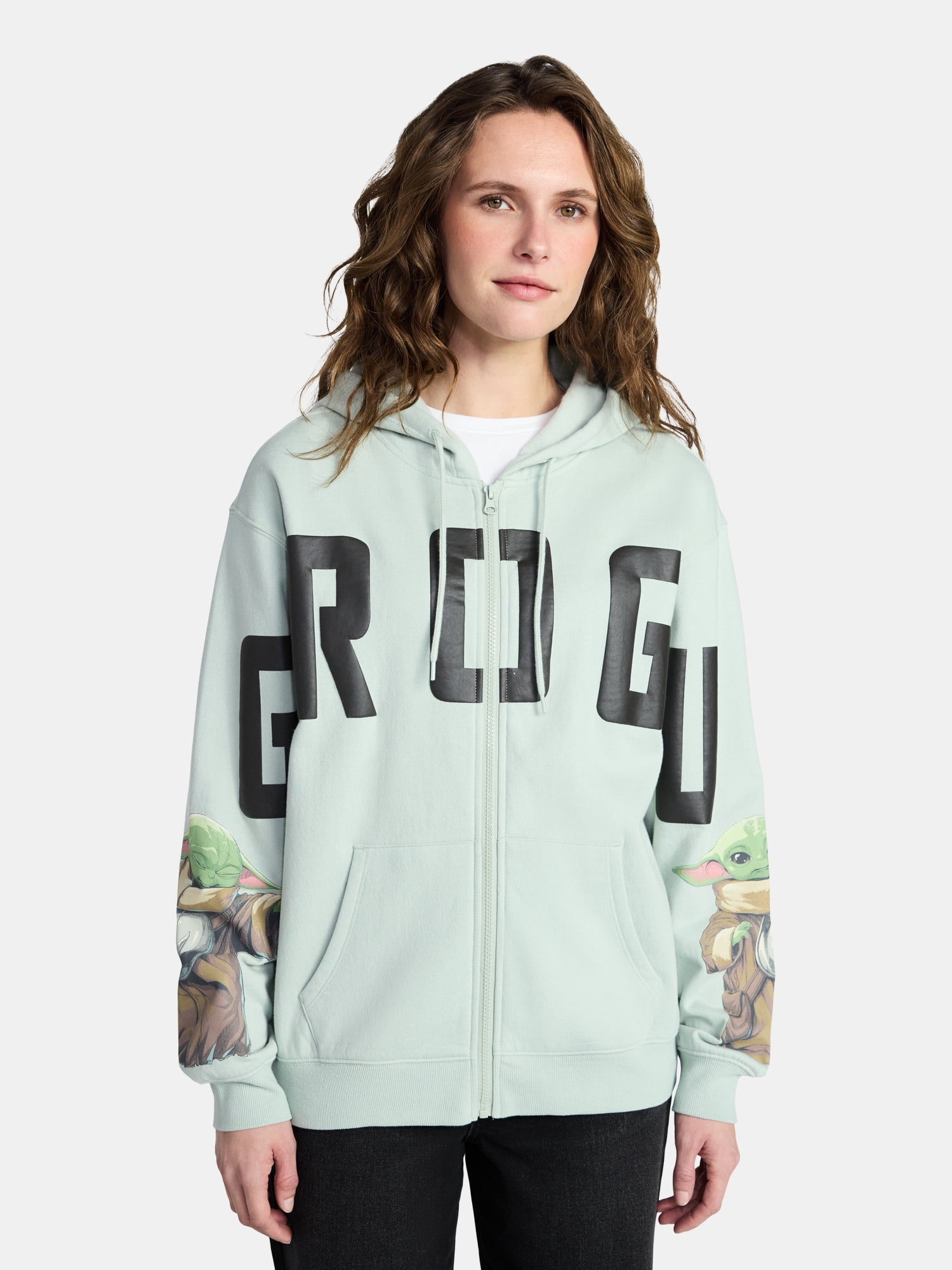 The Mandalorian Women's Grogu Graphic Zip-Up Hoodie with Long Sleeves, Sizes XXS-XXL