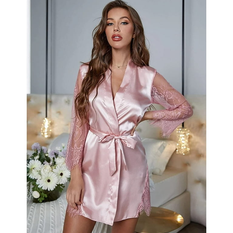 Pink Satin Bridesmaid Robe Short Kimono Robe for Maid of Honor Bachelorette  Party Robes Women Getting Ready Dressing Gown for Bride 