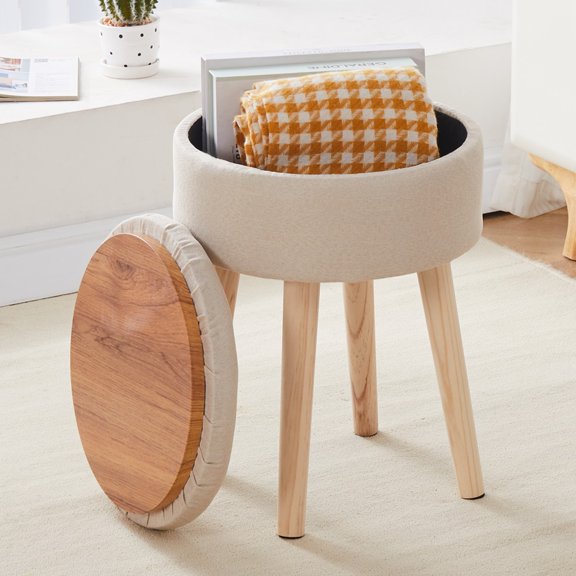 IVV Linen Upholstered Storage Ottoman with Solid Wood Legs, 12.6" Round Side Table with Tray Top, Multifunctional Vanity Stool, Easy Assembly for Bedroom, Living Room, 300lbs Max Load (Beige)