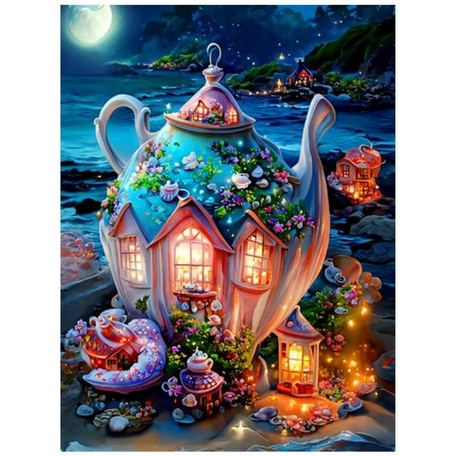 Château de Nuit Coquillage Paysage Fantastique Maison de Champignon Brodée Carrée Ronde, 30*40 cm, Cadre Non Inclus.