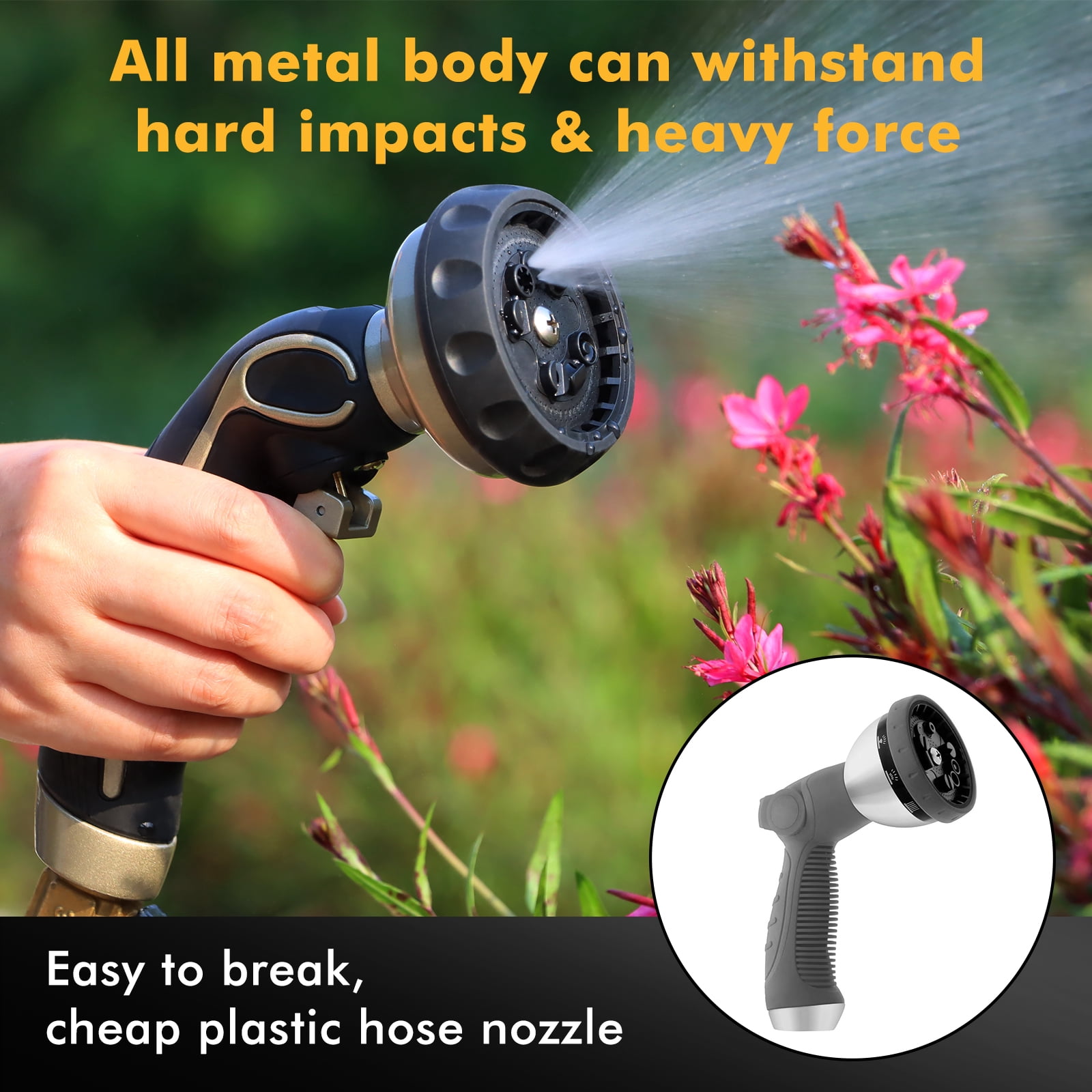 Restmo Garden Hose Nozzle, Heavy Duty Metal Water Hose Nozzle, High Pressure Hand Sprayer with Flow Control for Watering Plants & Lawns
