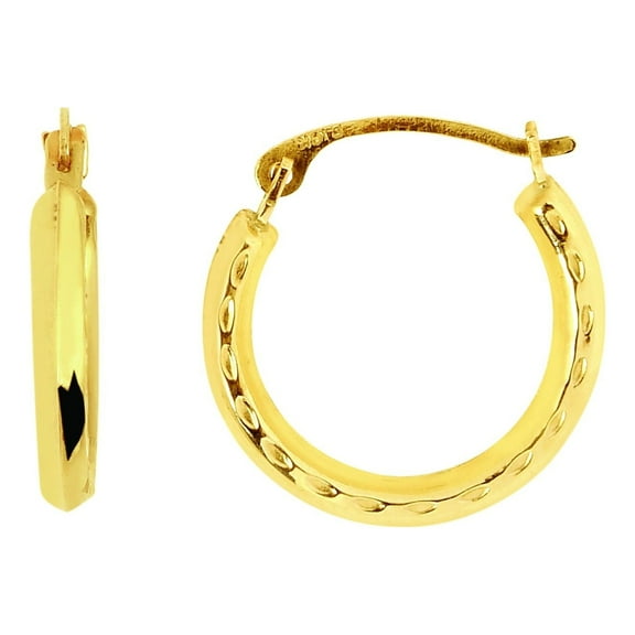 14K Yellow Gold Shiny Textured Round Hoop Earrings with Hinged by IcedTime