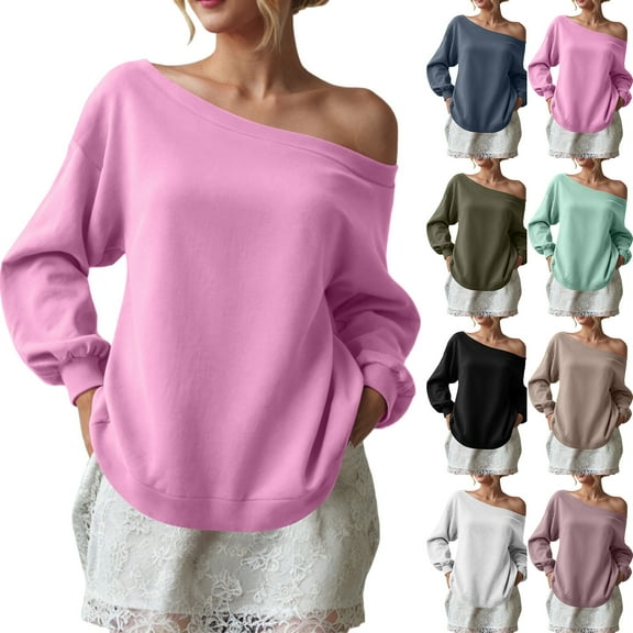 idosla Womens Fleece Lined Sweatshirt Off Shoulder Long Sleeve Pullover Top Oversized Shirt Basic Slouchy Clothes 2025 (Pink, XL)