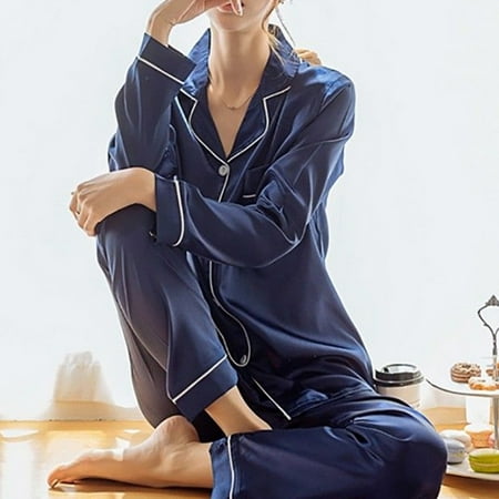Satin Womens Pajamas - Women's Faux Silk Satin Pajamas Set Long Sleeve Button Down Sleepwear Loungewear Blue M
