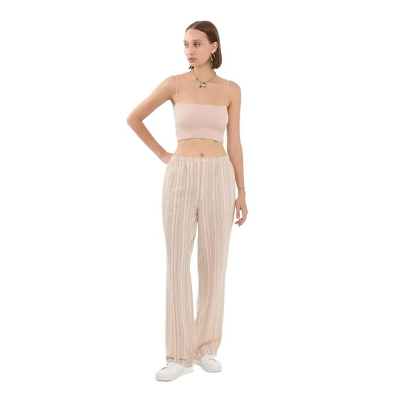 High-Waist Striped Woven Trousers with Elastic Waist and Button Detail