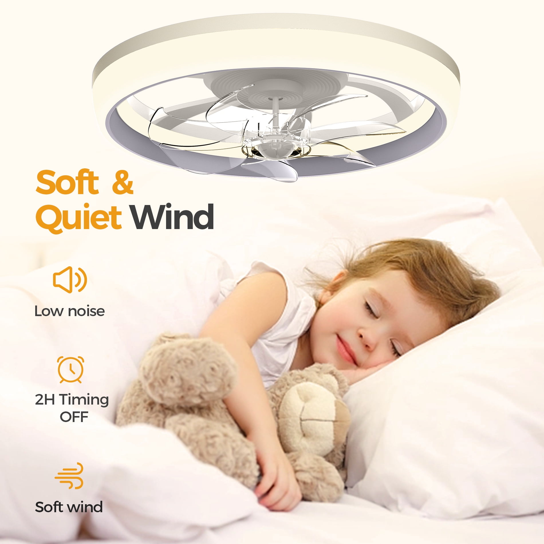Ceiling Fan with Light, Remote & APP Control, 19" Low Profile Ceiling Fan with 3 Colors Lighting and 6 Wind Speeds, Invisible Bladeless Ceiling Fan
