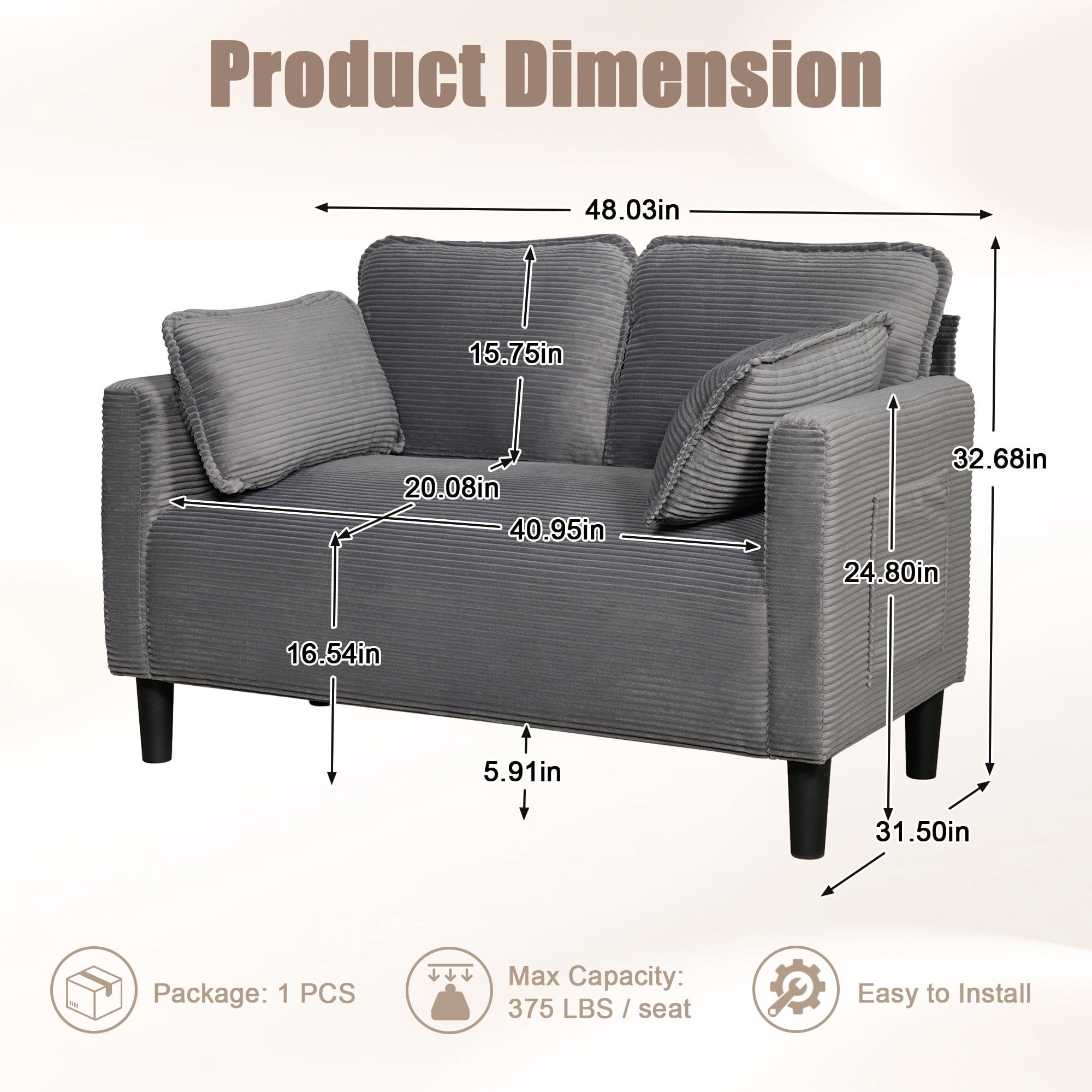 Corduroy Loveseat Couch,48" W Upholstered 2 Seater Sofa with Side Storage Pocket,Modern Small Sofa Couches for Small Spaces,Apartement,Grey