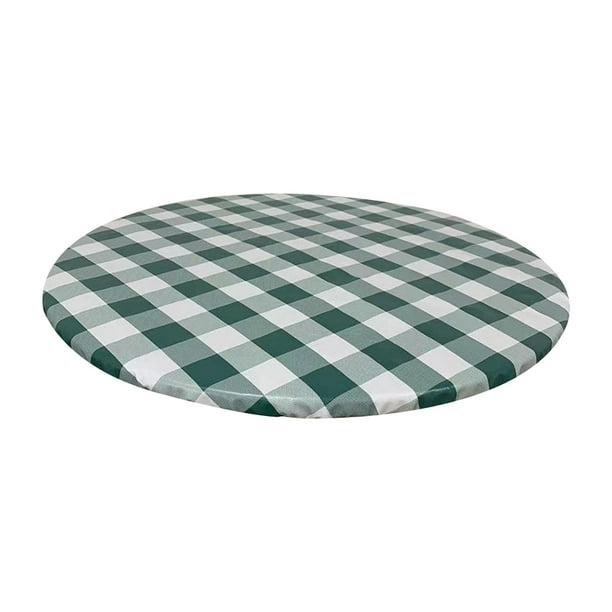 Elastic Edged Polyester Fitted Table Cover Plaid Pattern Large Round