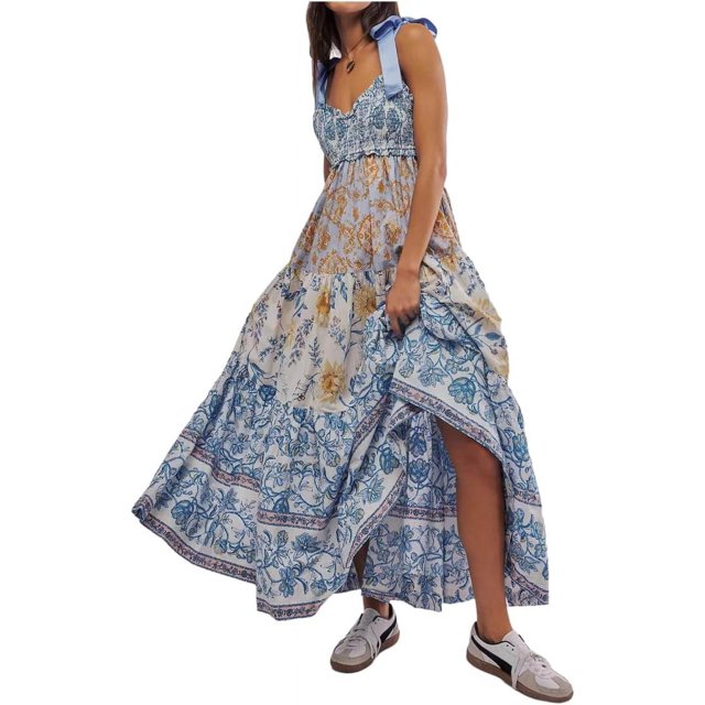 Brewee Robe Bohème à Imprimé Floral Été 2024 pour Femmes Bretelles Spaghetti Volants Robe Longue Maxi de Plage