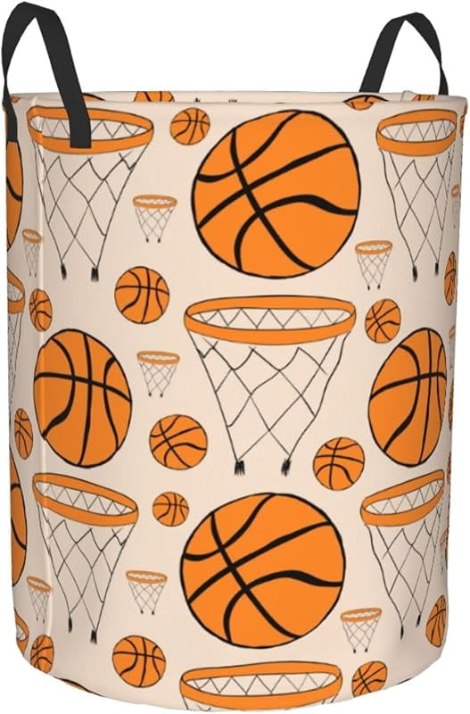 Basketball Balls Sport Theme Round Laundry Hamper Storage Basket Toys Clothes Organizer Bin For Home Bathroom Bedroom Dorm Nursery