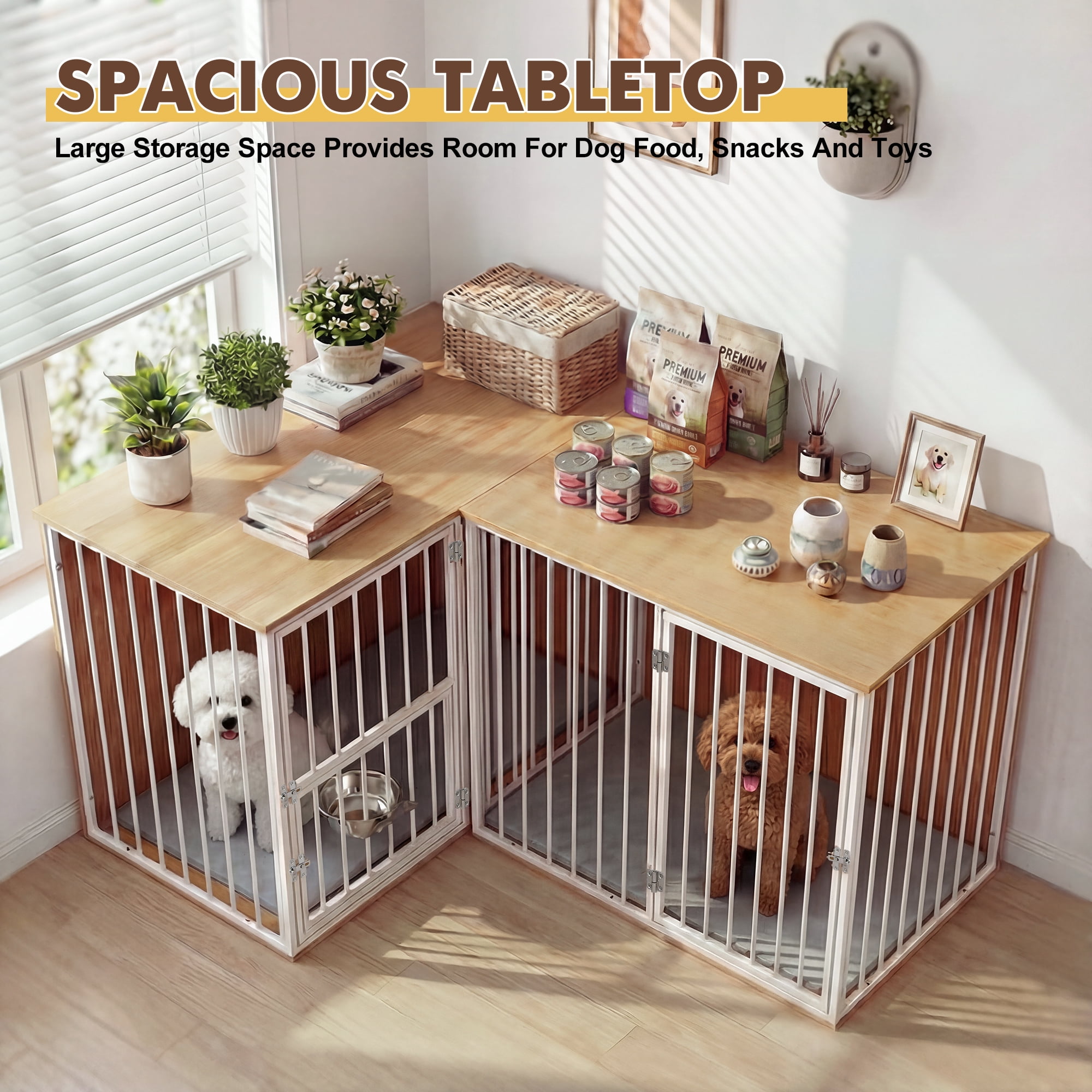 TPHORK Dog Crate Furniture for 2 Dogs, Corner Heavy Duty Double Dog Kennel Furniture with Divider, Indoor Wooden Dogs Crate Large Breed, White