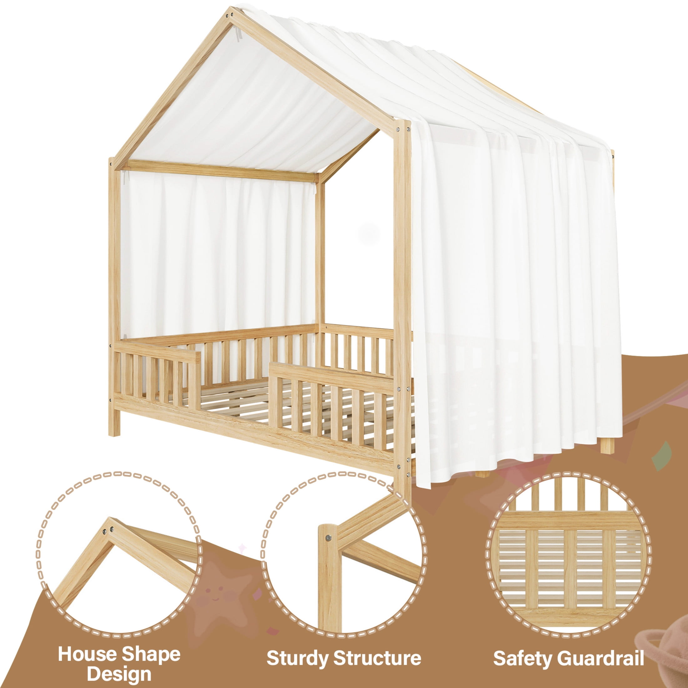 Noble House Full Floor Bed with Canopy and Guardrails, Wood House Bed Frame for Kids, Natural