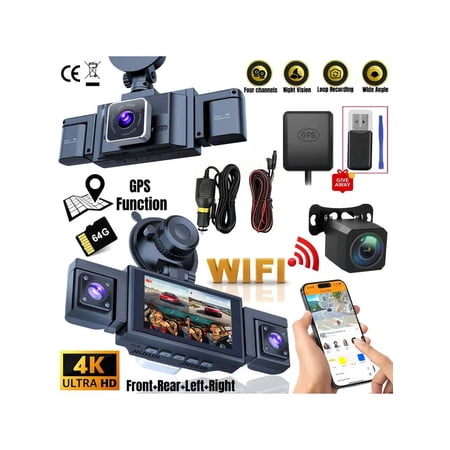 4K 4-Channel Dash Cam with HDR Night Vision, WiFi, GPS & 64GB Card. Perfect Gift For 2026.