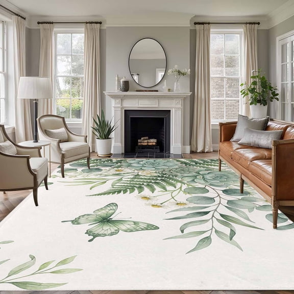 Area Rug for Living Room, Spring Eucalyptus Non-Slip Indoor Large Carpet for Bedroom/Dining Room, Garden Botanical Leaves Butterflies Washable Low-Profile Rectangle Floor Runner Rugs - 6 x 9 Ft