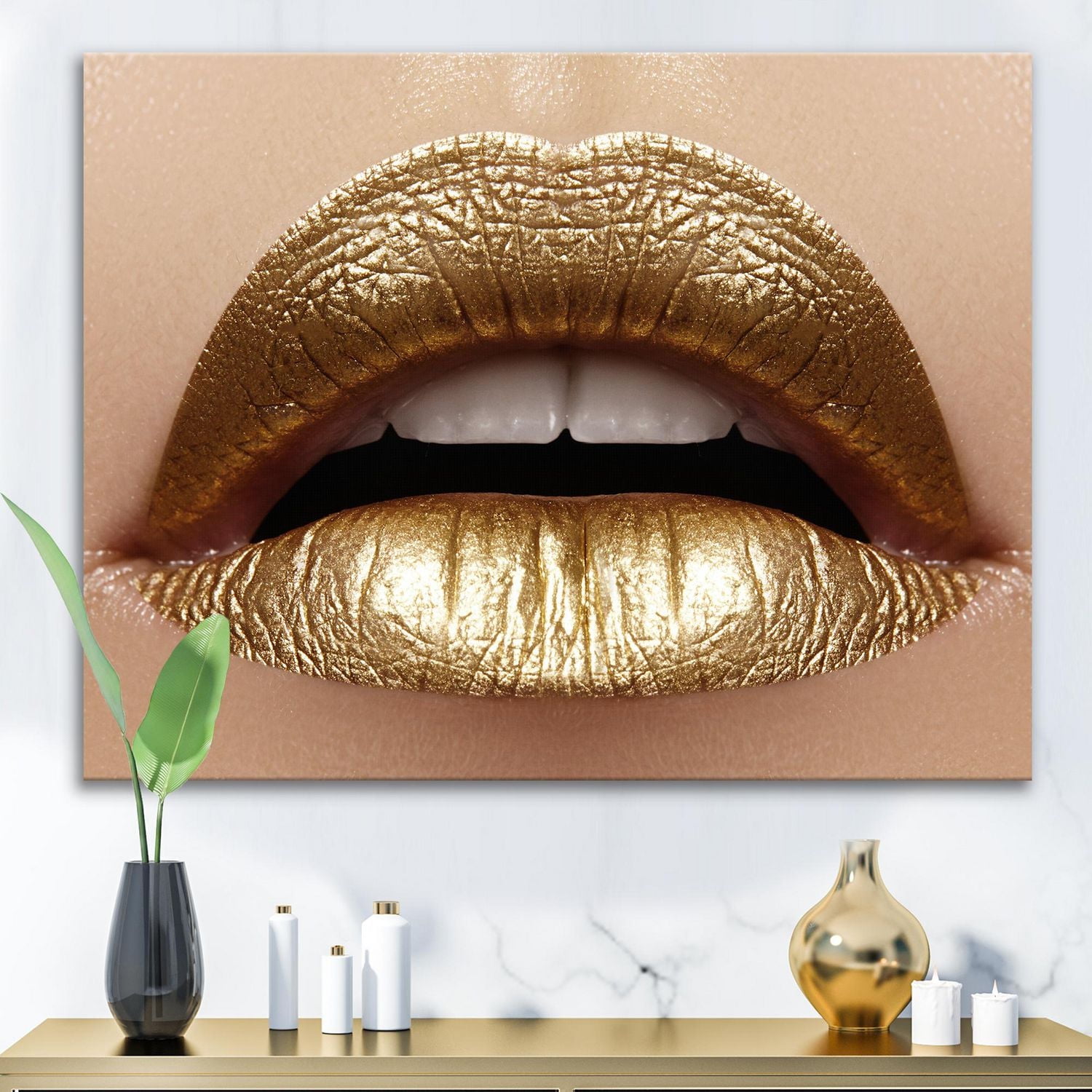 Designart Close Up of Female Plump Lips With Golden Lipstick Canvas Wall Art