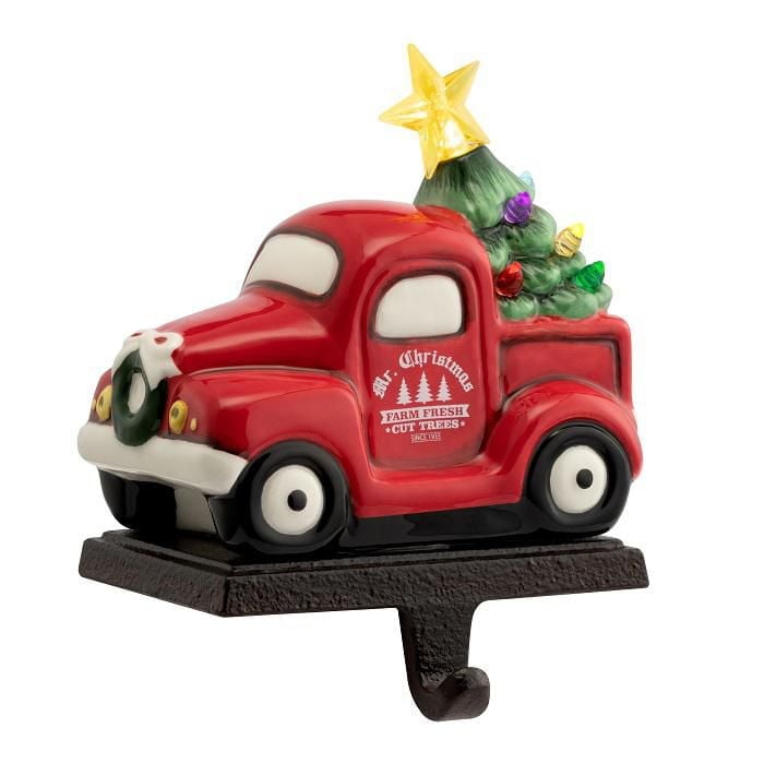 Mr. Christmas Nostalgic Ceramic Lit Truck Stocking Hanger, Red